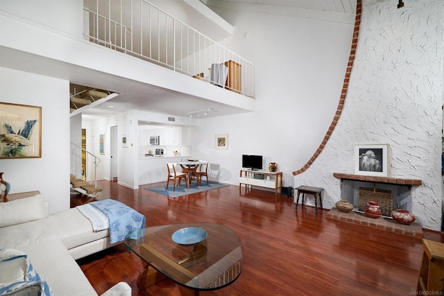 living room featuring a towering ceiling and wood-type flooring