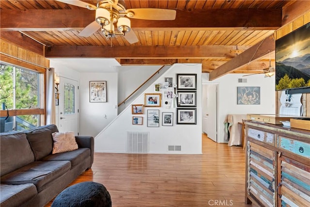 living room featuring wood ceiling, ceiling fan, and light wood-type flooring