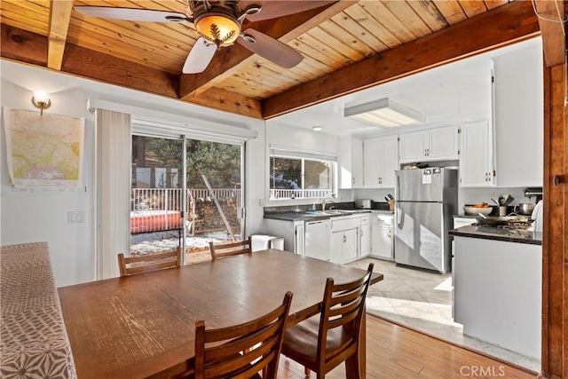 dining area with beam ceiling, sink, wooden ceiling, and light hardwood / wood-style floors