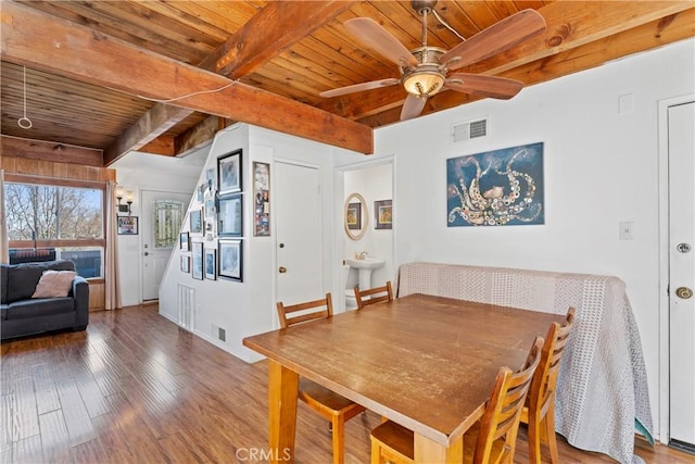 dining space with beamed ceiling, ceiling fan, hardwood / wood-style flooring, and wood ceiling