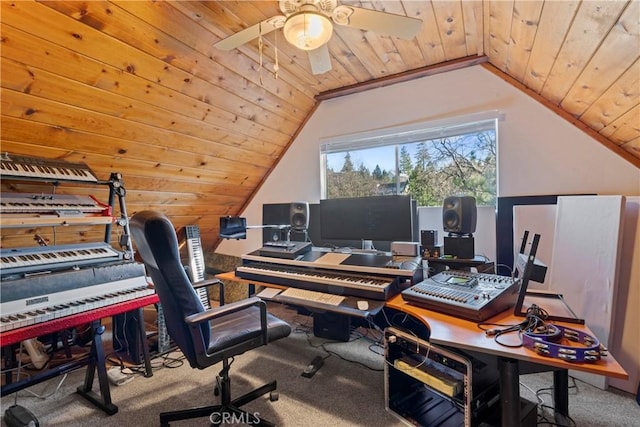 carpeted office with vaulted ceiling, wooden ceiling, and ceiling fan