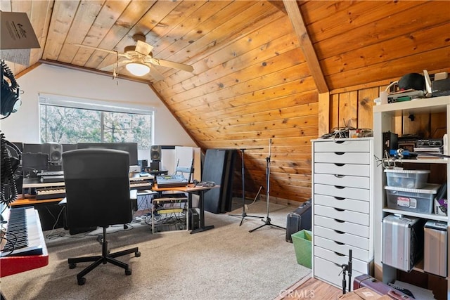 carpeted office space with vaulted ceiling, wooden ceiling, and wood walls