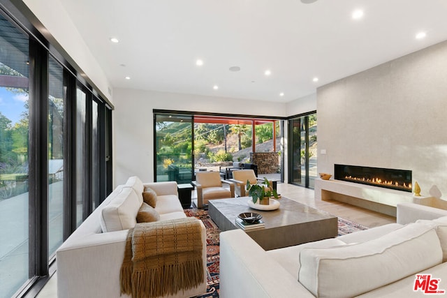 living room with a fireplace and light wood-type flooring