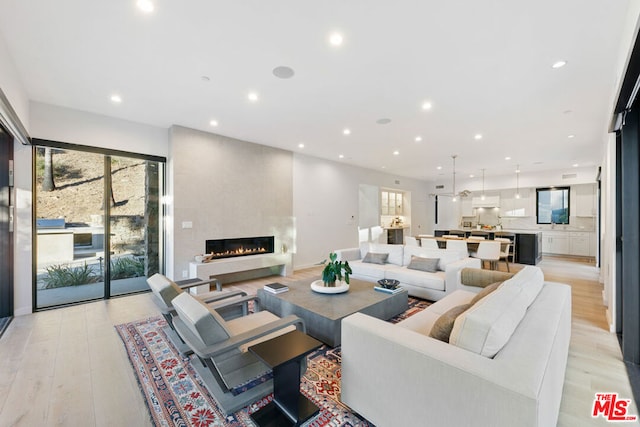 living room with a large fireplace and light wood-type flooring