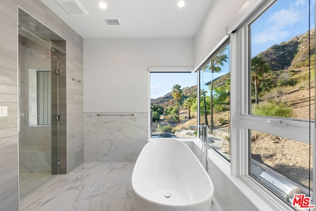 bathroom with tile walls, a wealth of natural light, and independent shower and bath