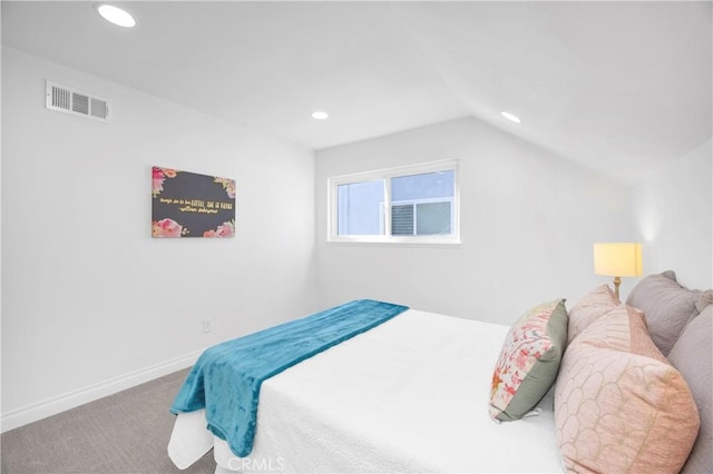 bedroom featuring carpet, lofted ceiling, recessed lighting, visible vents, and baseboards