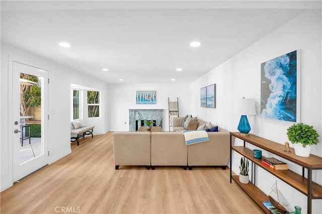 living room featuring a high end fireplace and light hardwood / wood-style floors