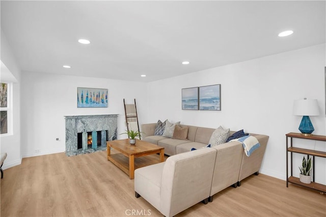 living room with a premium fireplace and light hardwood / wood-style floors