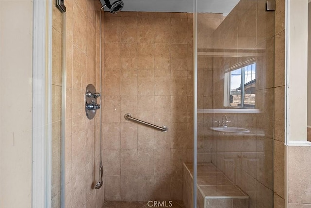 bathroom featuring a shower with door