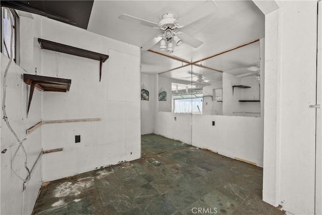 bathroom featuring ceiling fan and concrete flooring