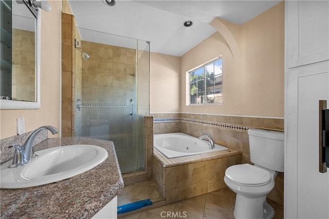 full bathroom with tile patterned floors, toilet, separate shower and tub, and vanity