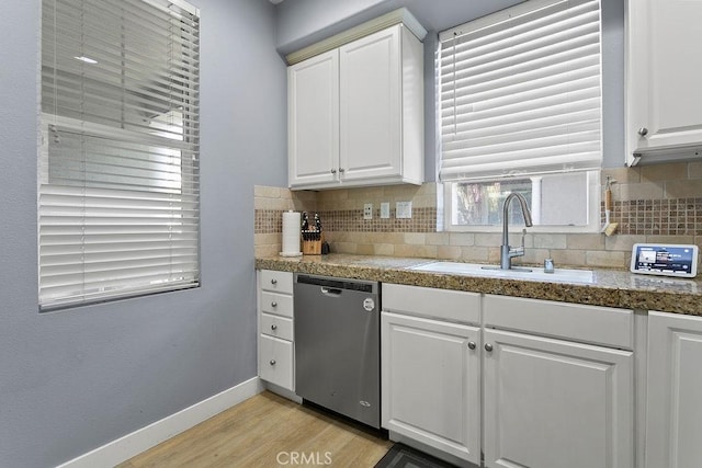 kitchen with white cabinetry, sink, tasteful backsplash, and stainless steel dishwasher