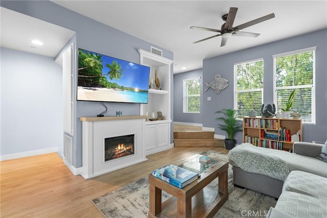 living room with ceiling fan and light hardwood / wood-style flooring