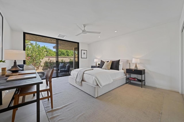 bedroom featuring access to exterior, a wall of windows, and ceiling fan