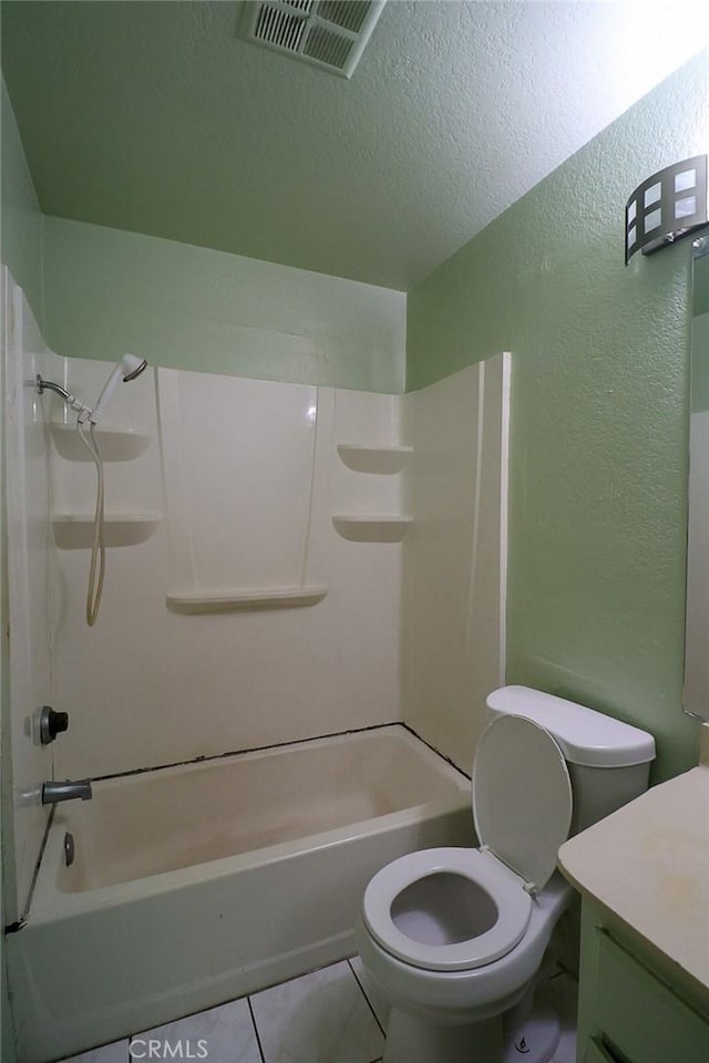 full bath with toilet, shower / tub combination, vanity, and visible vents