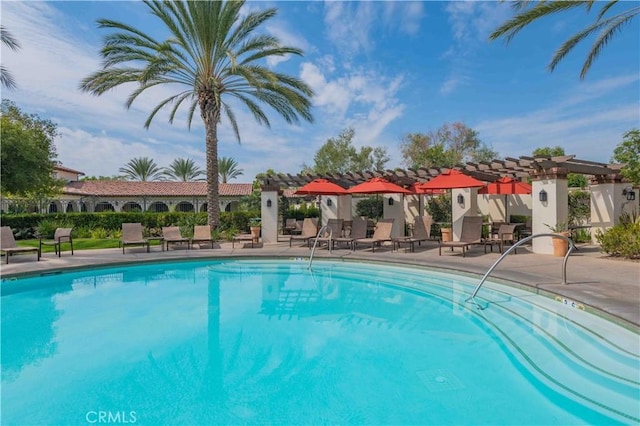 view of pool featuring a pergola and a patio area