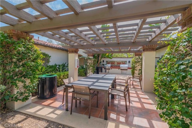 view of patio / terrace with exterior kitchen and a pergola