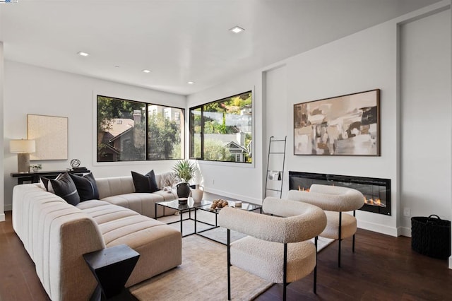 living room with dark hardwood / wood-style floors