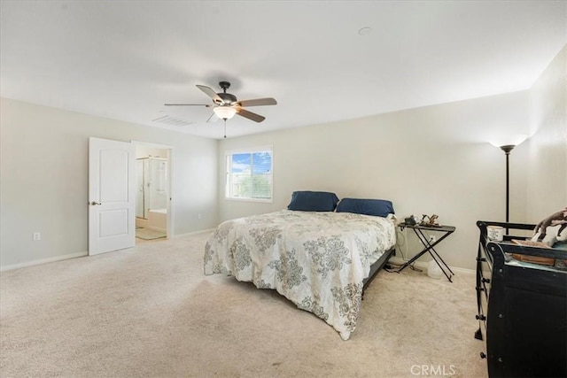 bedroom featuring light carpet, visible vents, ceiling fan, and baseboards