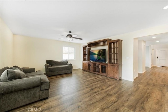 26605 Rose Bud Ln, Moreno Valley, CA 92555 - living room featuring recessed lighting, a ceiling fan, wood finished floors, and baseboards
