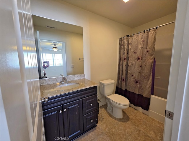 full bath featuring vanity, visible vents, shower / bath combination with curtain, tile patterned floors, and toilet