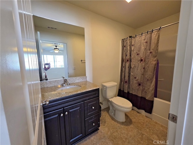 26605 Rose Bud Ln, Moreno Valley, CA 92555 - bathroom featuring vanity, a ceiling fan, tile patterned flooring, visible vents, and toilet