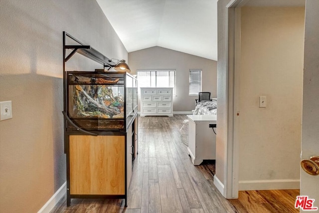 hall featuring vaulted ceiling and dark wood-type flooring