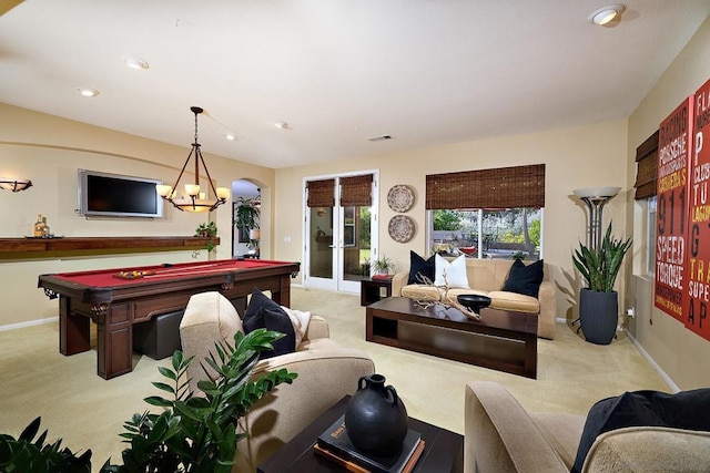 game room with light carpet, pool table, and french doors