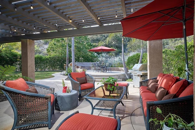 view of patio / terrace featuring area for grilling, a pergola, and an outdoor hangout area