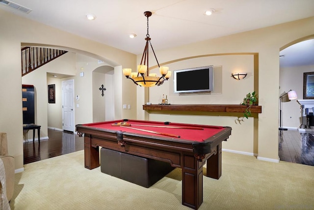 rec room with pool table and carpet