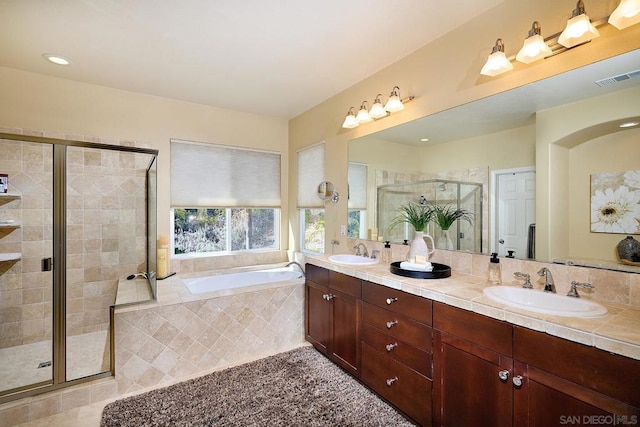 bathroom featuring vanity and independent shower and bath