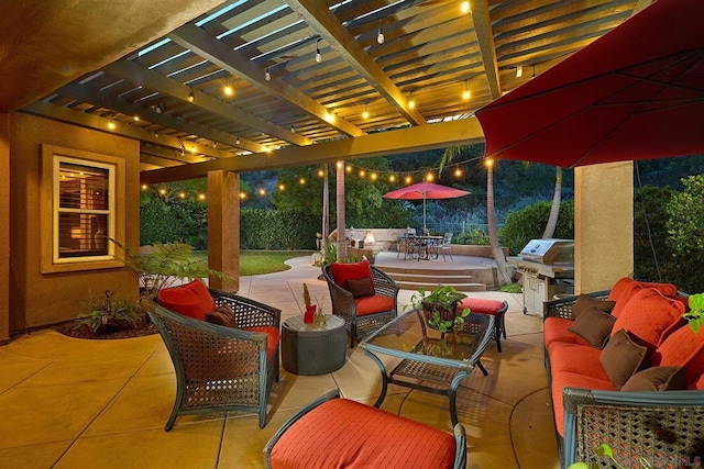 view of patio featuring a grill, outdoor lounge area, and a pergola