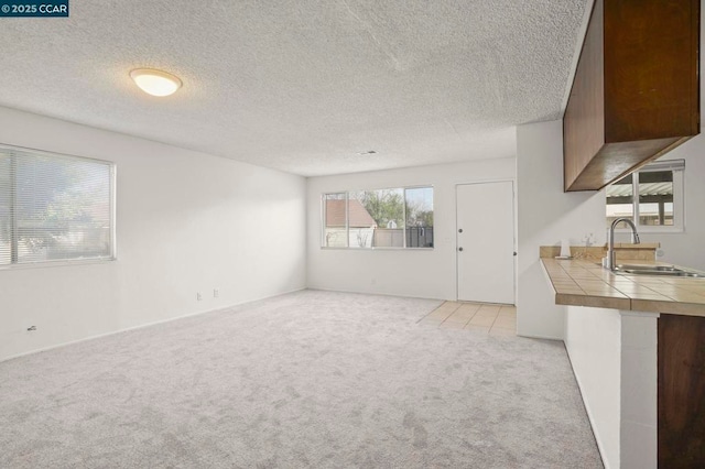 unfurnished living room featuring sink, light colored carpet, and a textured ceiling