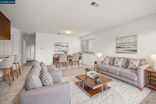 carpeted living room with a textured ceiling