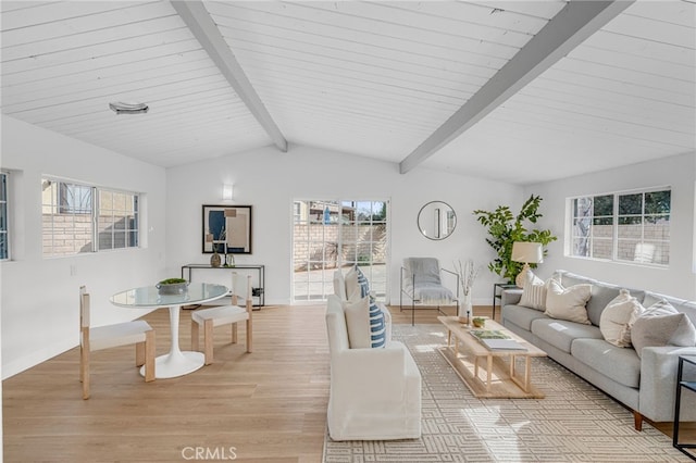 living room featuring vaulted ceiling with beams, light hardwood / wood-style flooring, and wooden ceiling