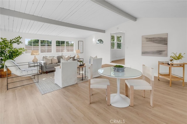 living room featuring lofted ceiling with beams and light wood-type flooring