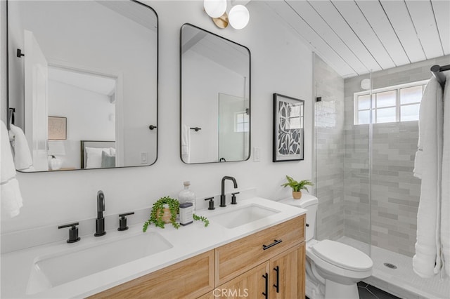 bathroom with vanity, toilet, and an enclosed shower