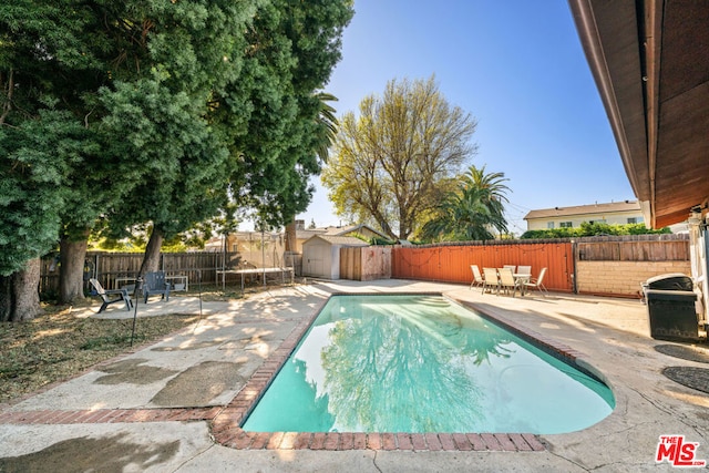 view of swimming pool with a patio and a trampoline