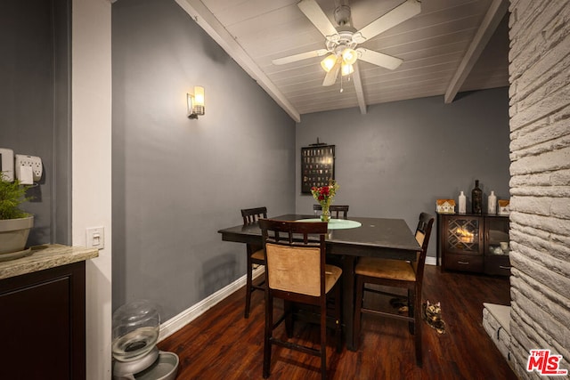 dining room with wood ceiling, ceiling fan, dark hardwood / wood-style floors, and lofted ceiling with beams