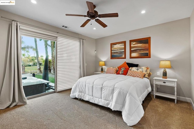 bedroom with ceiling fan, access to exterior, and carpet flooring