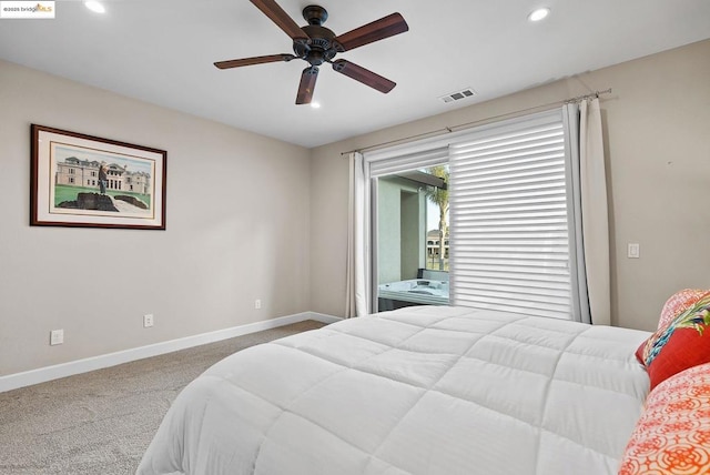 carpeted bedroom featuring ceiling fan