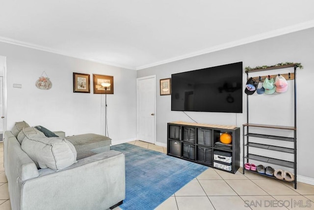 tiled living room with ornamental molding