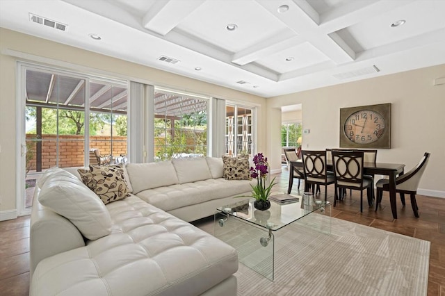 tiled living room with coffered ceiling and beam ceiling