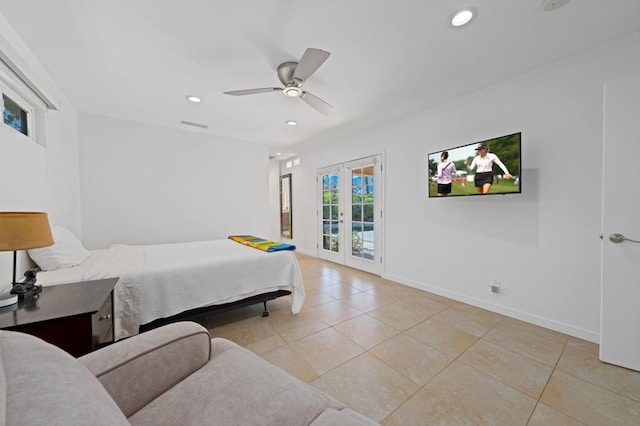 bedroom with french doors, ceiling fan, light tile patterned flooring, and access to outside