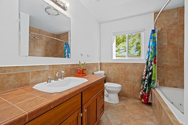 full bathroom with toilet, vanity, shower / bathtub combination with curtain, and tile patterned flooring