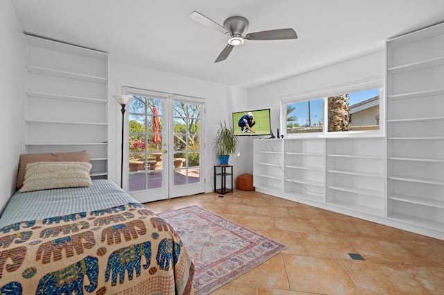 bedroom with tile patterned flooring, access to outside, french doors, and ceiling fan