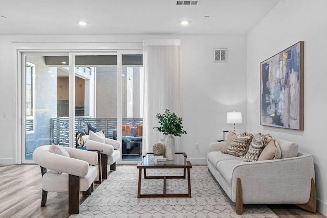 living room with light hardwood / wood-style flooring and a wealth of natural light