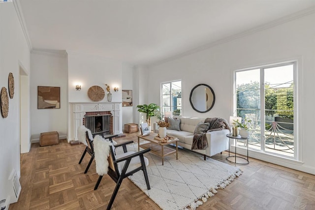 living room featuring crown molding, parquet flooring, a fireplace, and a wealth of natural light