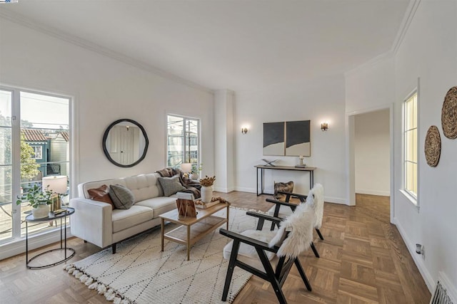 living room featuring parquet flooring and ornamental molding