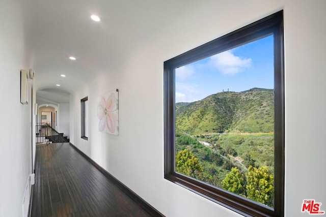 hall featuring dark hardwood / wood-style flooring, a mountain view, and a wealth of natural light